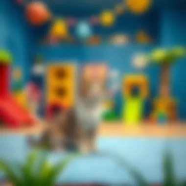 A colorful cat play area designed for creativity and exploration, emphasizing developmental benefits.