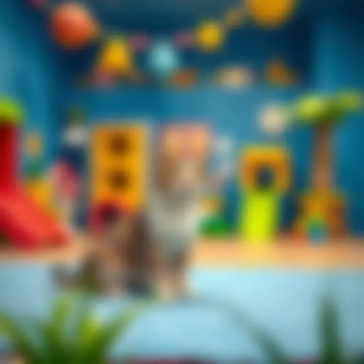 A colorful cat play area designed for creativity and exploration, emphasizing developmental benefits.