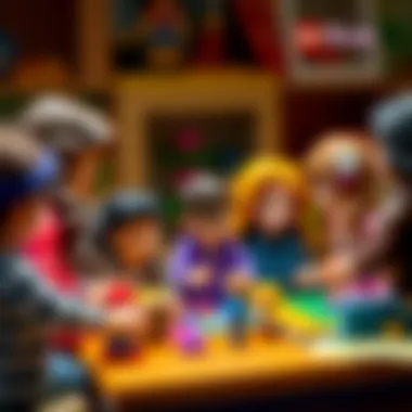 Diverse group of kids collaborating on a Lego Friends theater project.