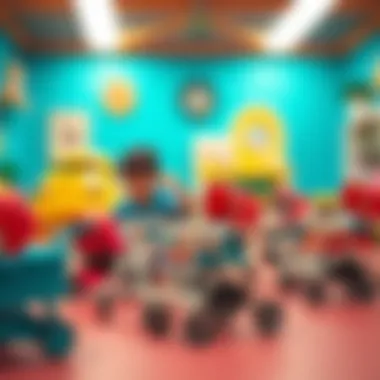 Children playing with miniature strollers in a colorful environment