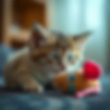 A kitten discovering a plush mouse toy