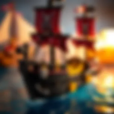 A detailed view of a pirate ship toy with intricate designs and accessories.