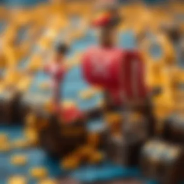 A vibrant pirate ship toy surrounded by treasure chests and gold coins.