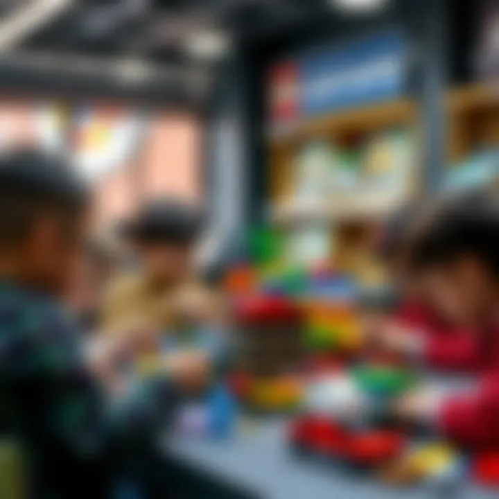 Children and adults engaged in interactive Lego building activities, highlighting creativity and collaboration.