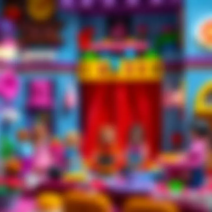 A vibrant Lego Friends theater setup showcasing colorful bricks and characters.
