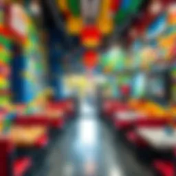 A vibrant Lego cafe interior showcasing colorful brick walls and creative seating arrangements.