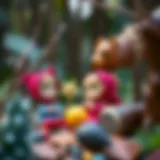A colorful illustration of Masha and the Bear playing in a forest setting