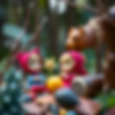A colorful illustration of Masha and the Bear playing in a forest setting