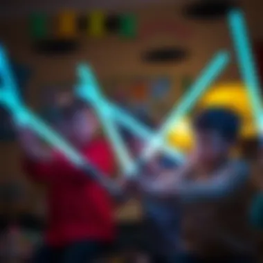 A dynamic scene of children engaging with blue lightsabers, illustrating the joy of imaginative play.
