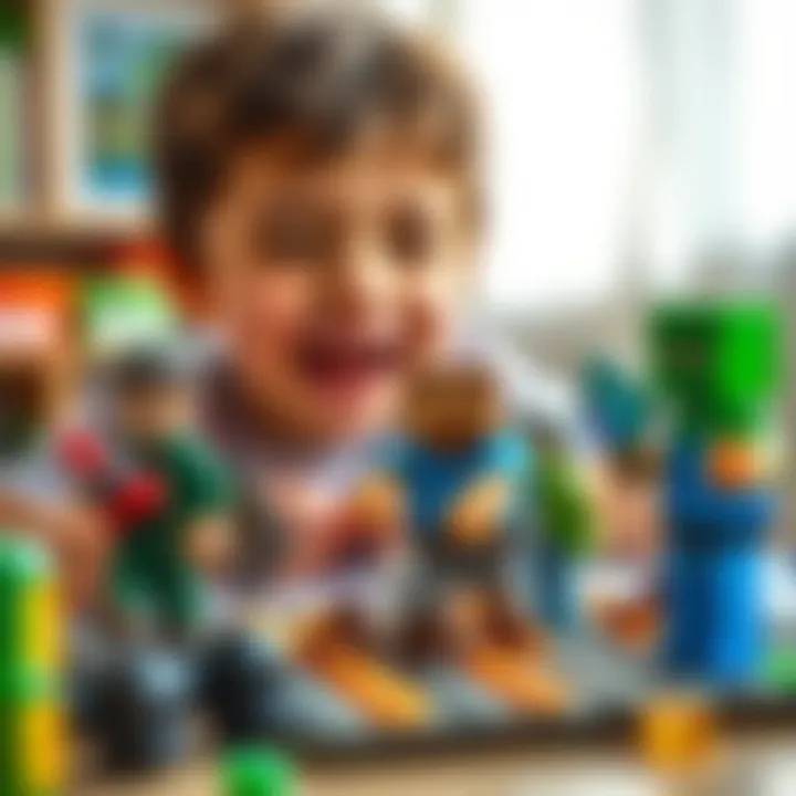 A child joyfully playing with Minecraft figures, promoting educational benefits.