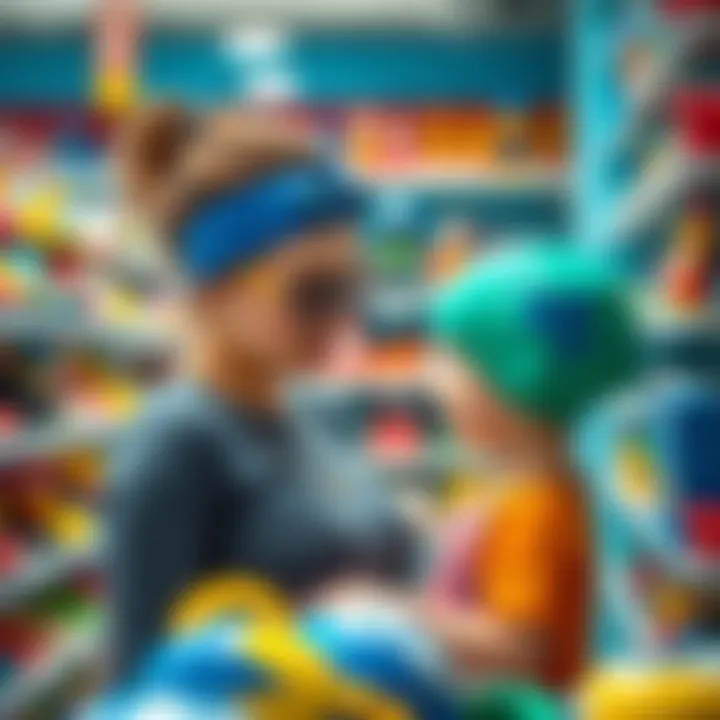 A mother selecting a swim cap for her child in a store