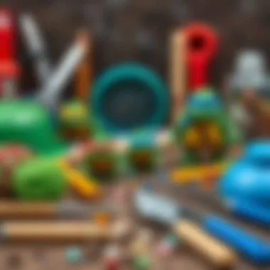 Creative cake decorating tools and materials arranged artistically.