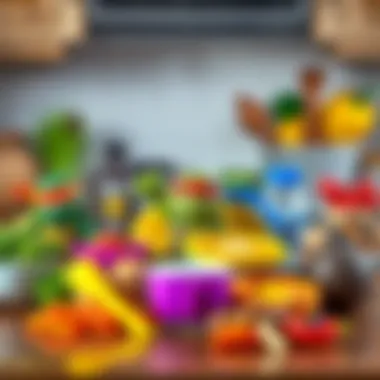 Colorful cake ingredients displayed on a kitchen countertop.