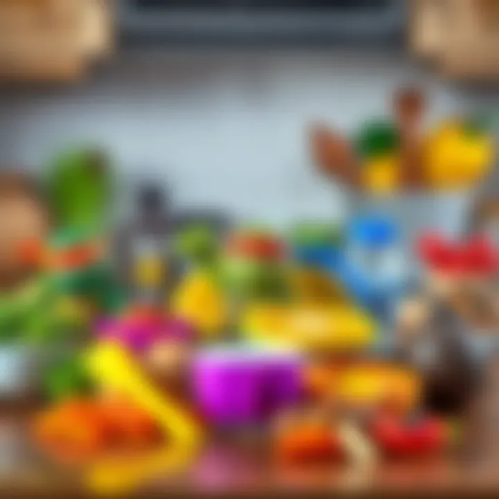 Colorful cake ingredients displayed on a kitchen countertop.