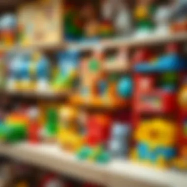 A diverse collection of educational toys displayed on a shelf, showcasing creativity and learning.