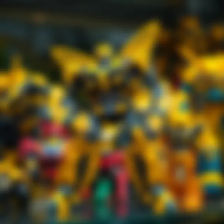 A collection of Bumblebee toys displayed on a shelf, emphasizing their collectible nature