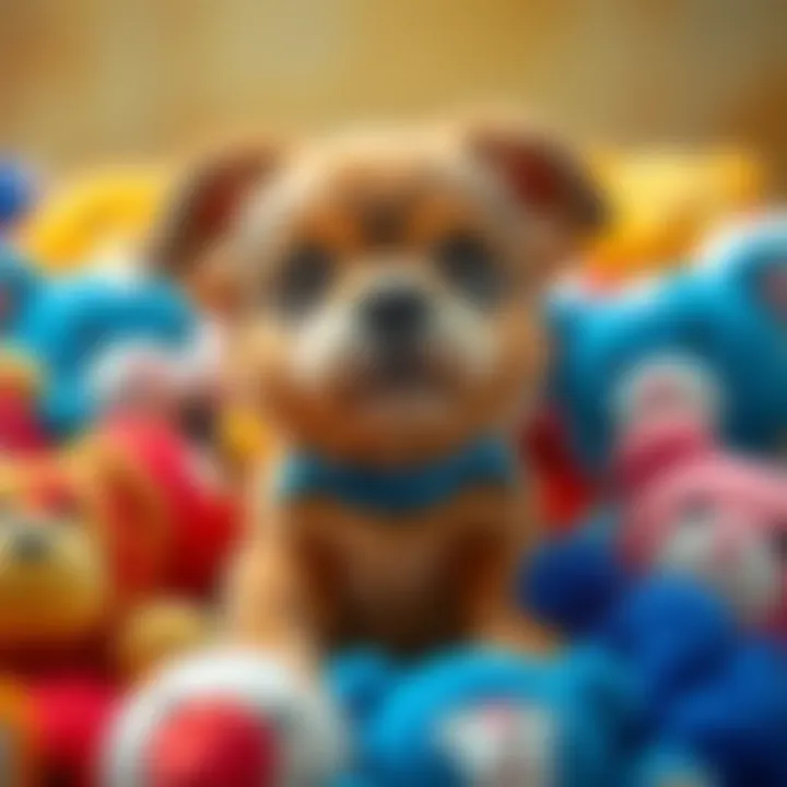 Adorable toy-like dog surrounded by colorful plush toys