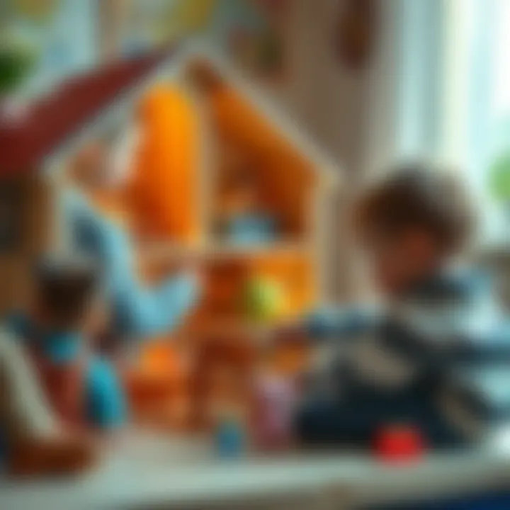 Children playing together with a wooden dollhouse, fostering cooperation.