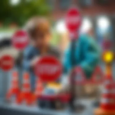 Children Engaged in Learning with Traffic Signs Children playing and learning with toy traffic signs