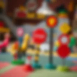 Colorful toy traffic signs set on a play mat