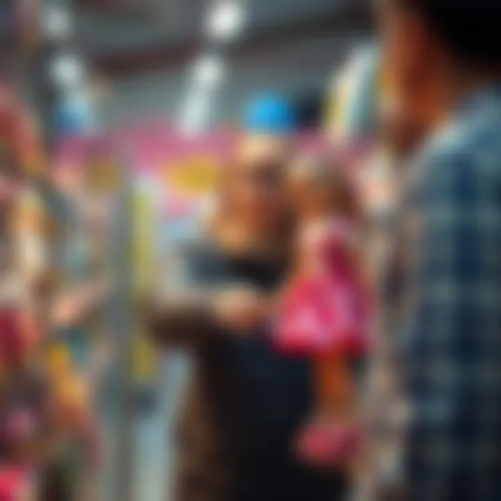 Parent selecting a musical dancing toy from a store.