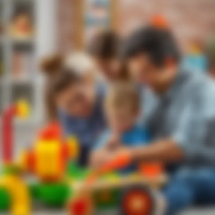 Parents engaging with their child and activity toy