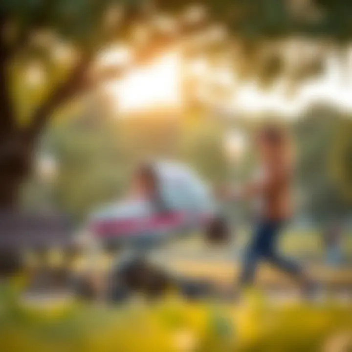 Parents using a baby stroller in a park setting, demonstrating practicality and style
