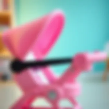 Close-up of a pink stroller's safety features
