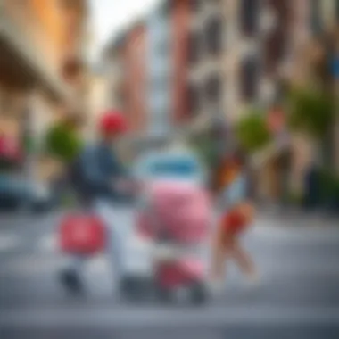 A family using a pink baby stroller in the city