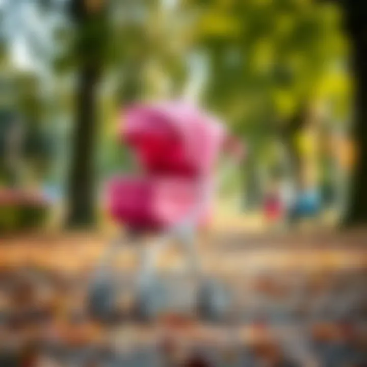 Stylish pink baby stroller in a park