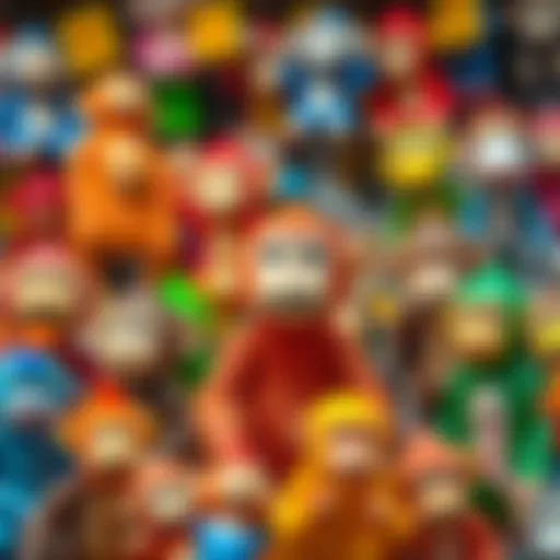 A colorful display of various monkey toys for children