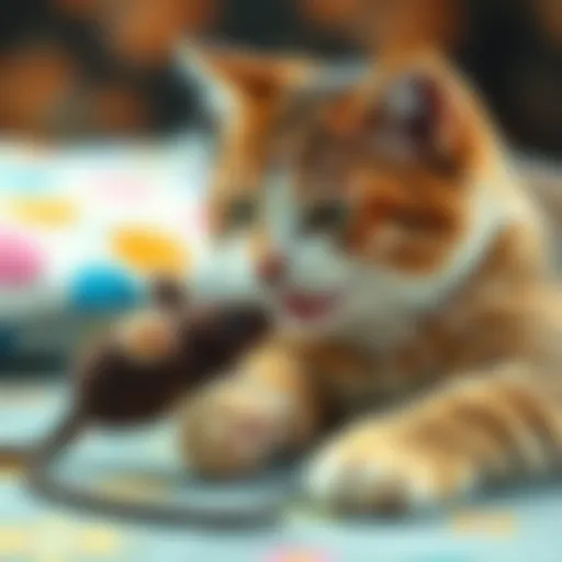 A playful cat with a plush mouse toy