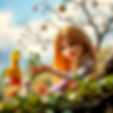 Rapunzel interacting with nature, highlighting her connection to the world.