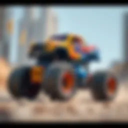 A vibrant color-shifting monster truck in action.