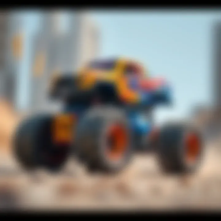 A vibrant color-shifting monster truck in action.
