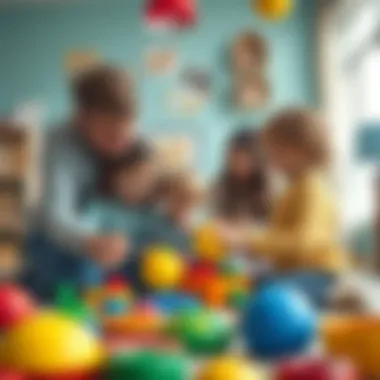 Parents guiding their children in educational play with colorful round toys