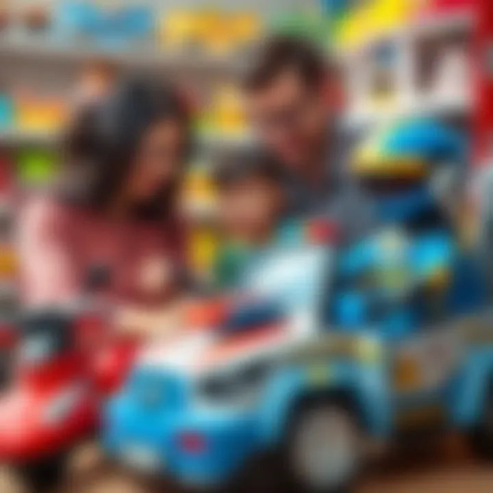 A family selecting Robocar Poli toys, discussing choices for child development