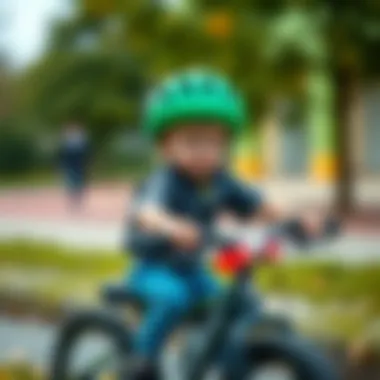 Child riding a bicycle wearing safety gear