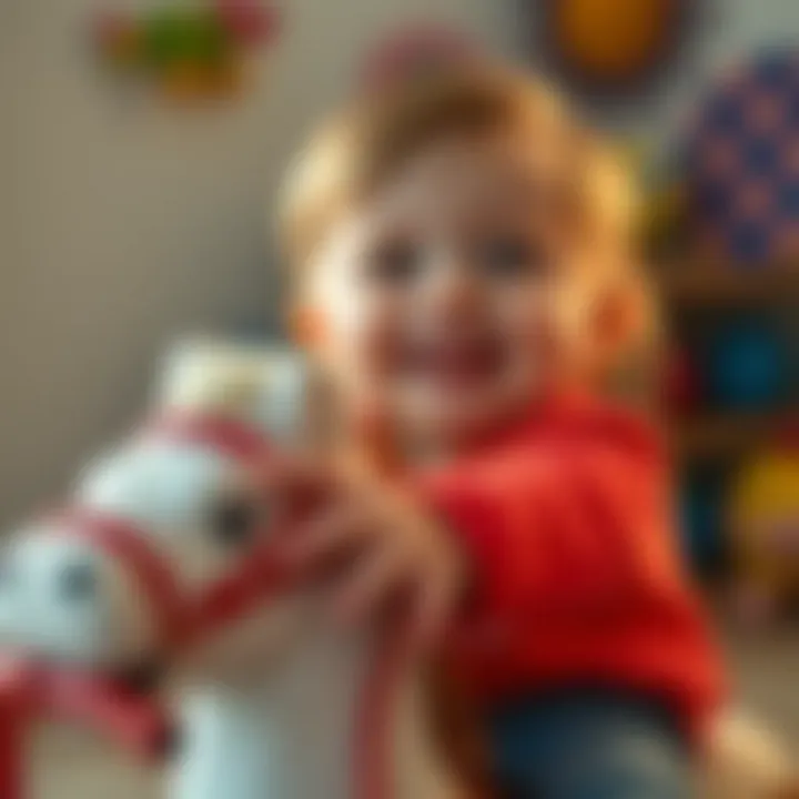 Close-up of a child smiling while riding a rocking horse