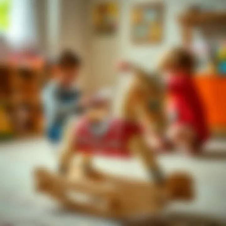Children engaging in imaginative play with a rocking horse