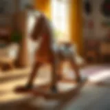 A wooden rocking horse toy in a sunny playroom