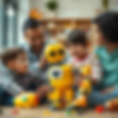 Parents observing their children interacting with the yellow robot