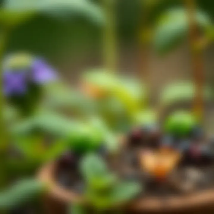 A serene garden scene featuring green ladybugs