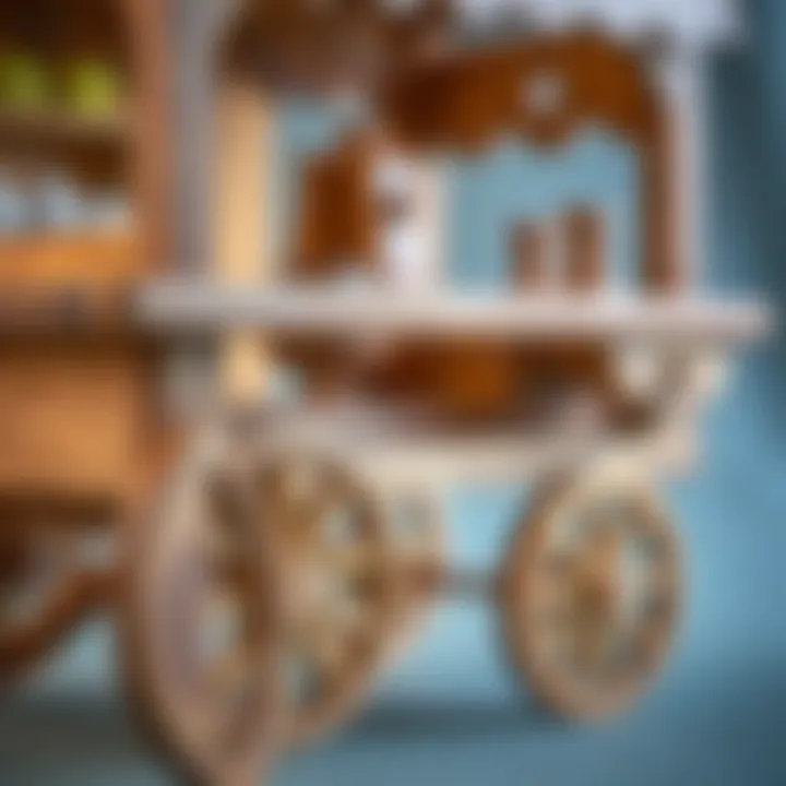 Detailed view of the design elements in a wooden serving cart