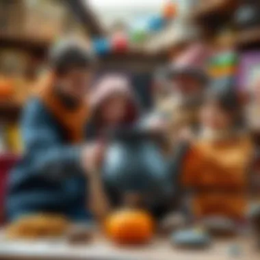 A family selecting a magical pot with enthusiasm.