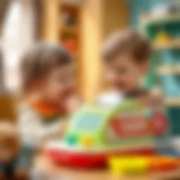 A child joyfully interacting with the Smoby cash register toy, learning economic concepts.