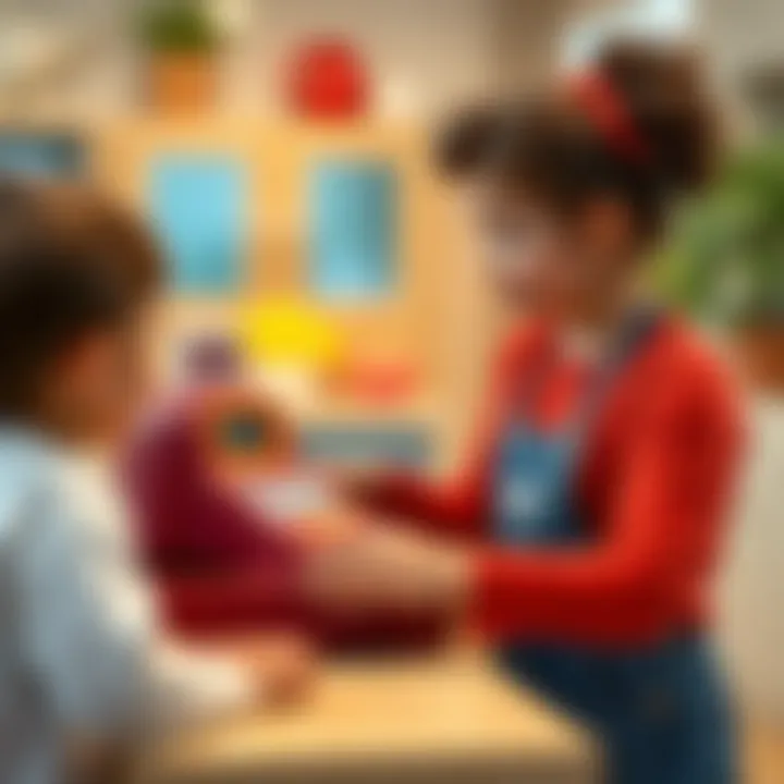 A parent guiding a child while using the Smoby cash register, emphasizing parental involvement.