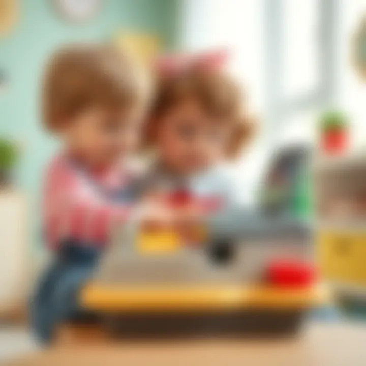 Children playing together with the Smoby cash register, promoting social skills.