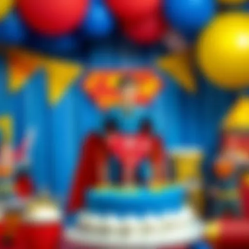A vibrant celebration of Superman's legacy with colorful decorations and themed cakes.