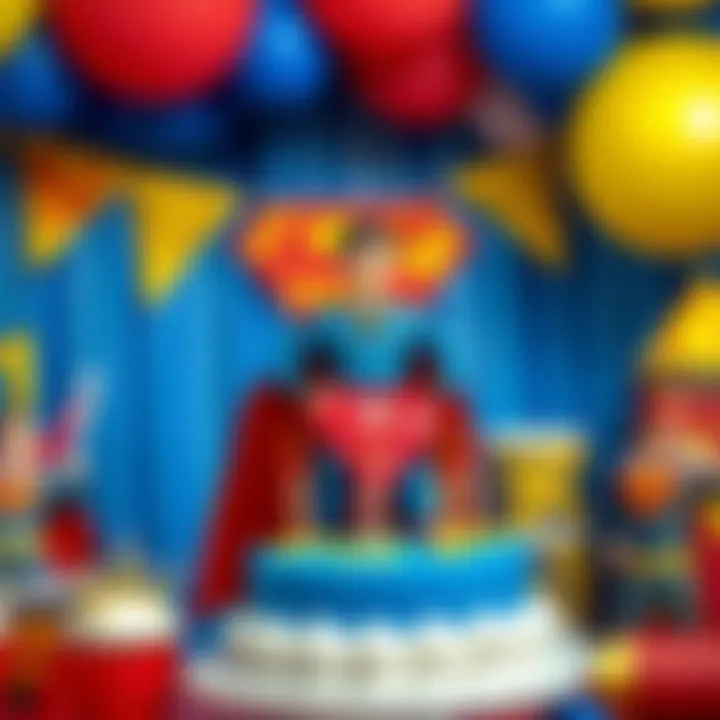 A vibrant celebration of Superman's legacy with colorful decorations and themed cakes.